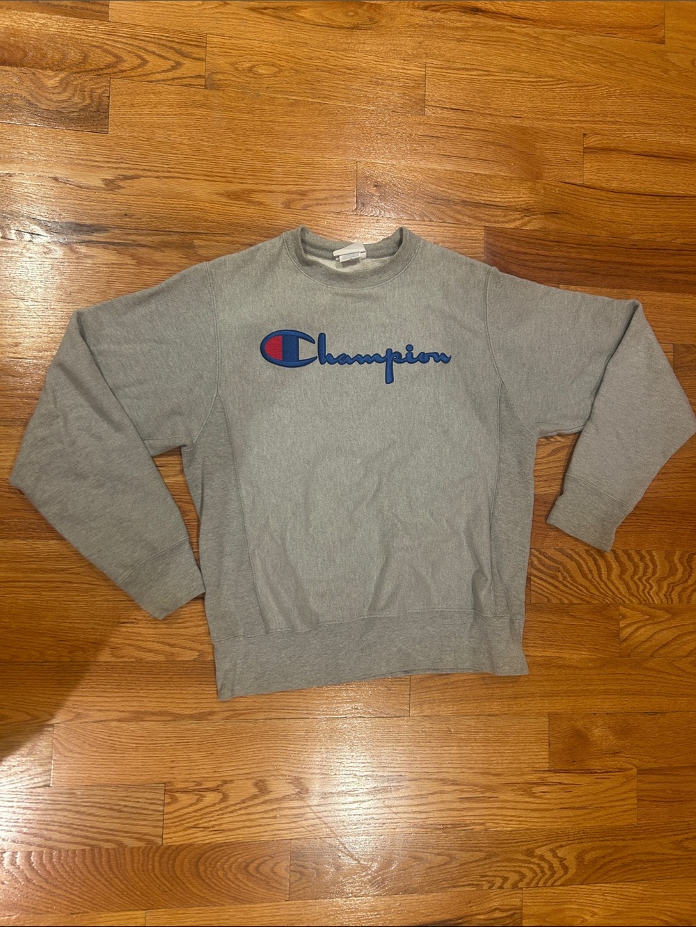 Champion Gray Crewneck Sweatshirt with Blue & Red Logo embroidered